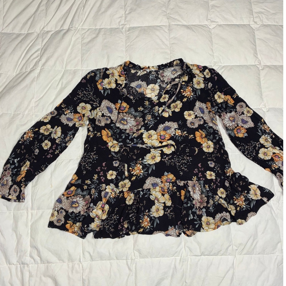 Rethm Womens Floral Peplum Blouse Black Long Sleeve Tie Neck Top Size Medium